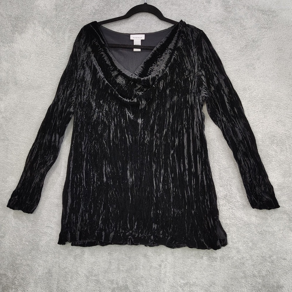 Avenue Top Womens Plus‎ 14/16 Cowl Neck Black Crushed Velvet Broomstick Blouse